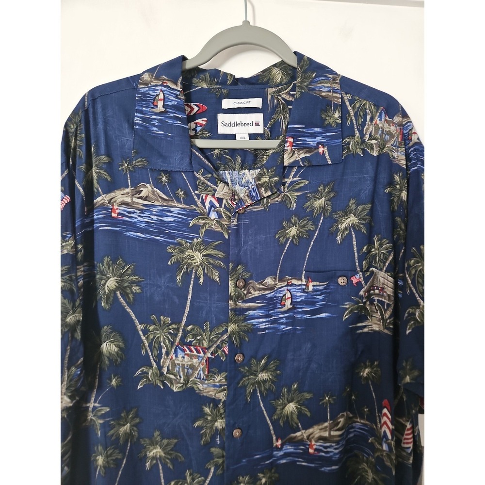 Saddlebred Patriotic Hawaiian Shirt Men's XXL Blue USA Flag Tropical Camp Shirt - Picture 12 of 12